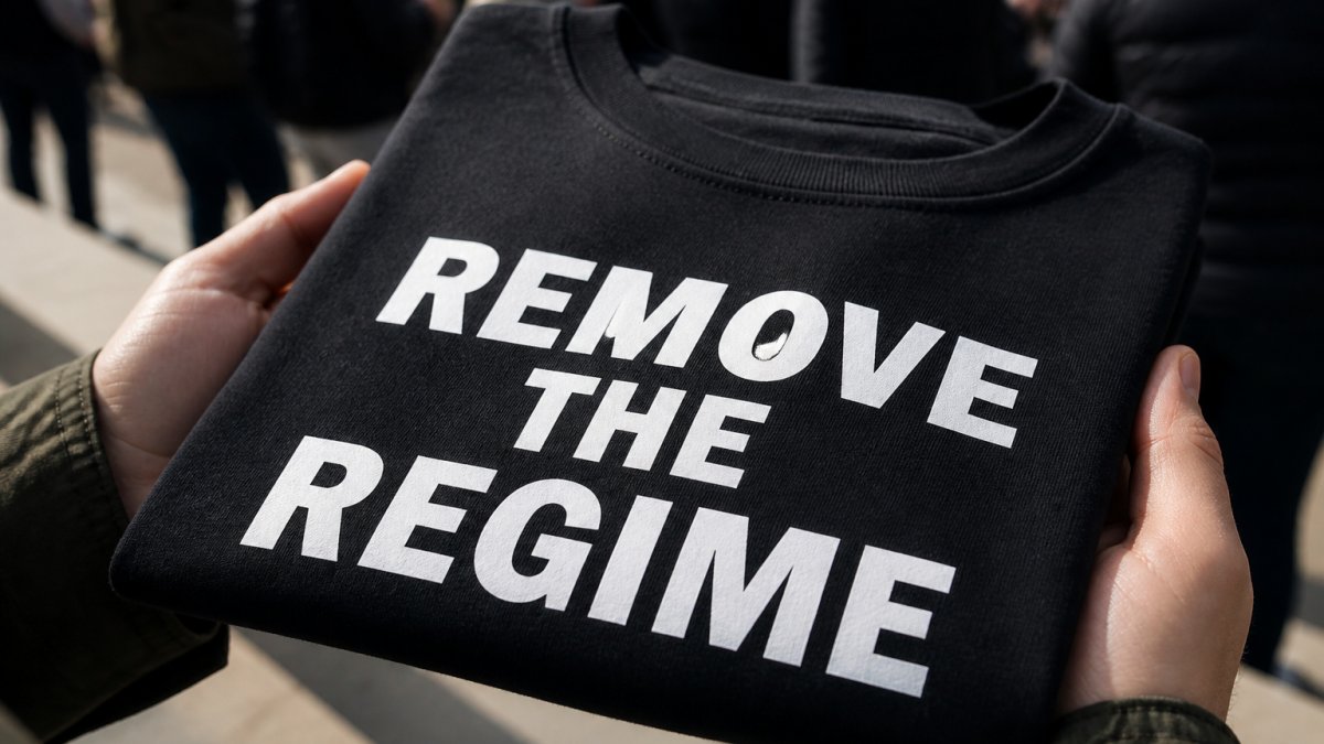 Close-up of a person's hands holding a folded black protest t-shirt with a bold white slogan, showing the fabric texture and screen-printed lettering in natural daylight