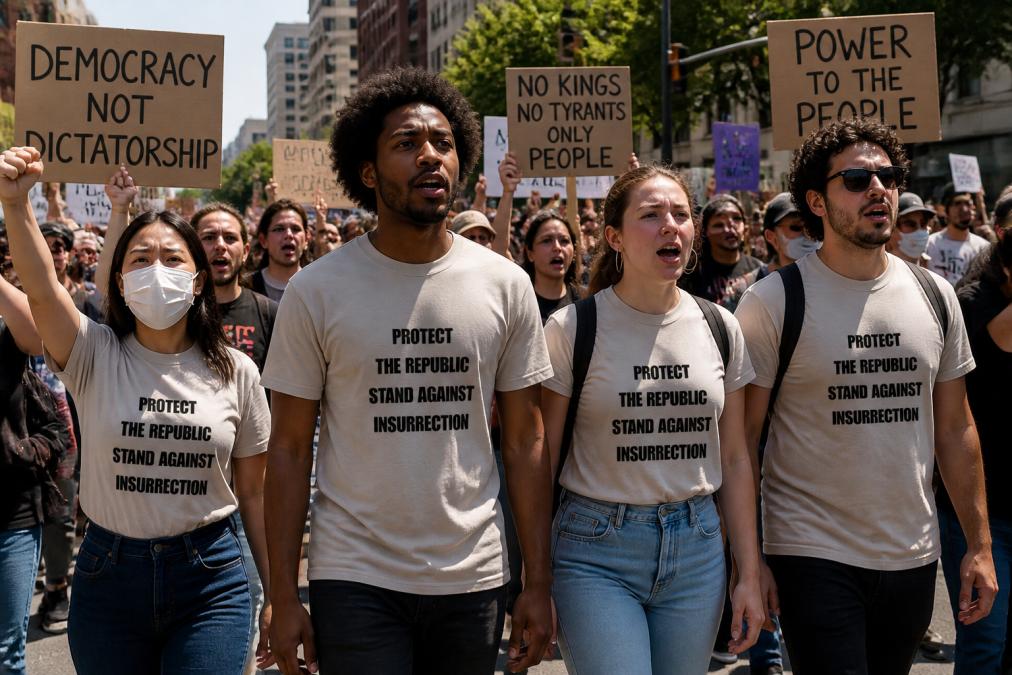 A diverse group of activists wearing statement tees at a peaceful march, holding signs and showing solidarity, bright daylight with diverse crowd