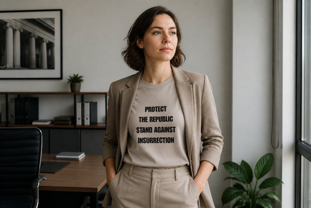 A professional in business casual attire wearing a subtle political statement tee at a workplace, demonstrating how to layer and style message apparel in formal settings with neutral background