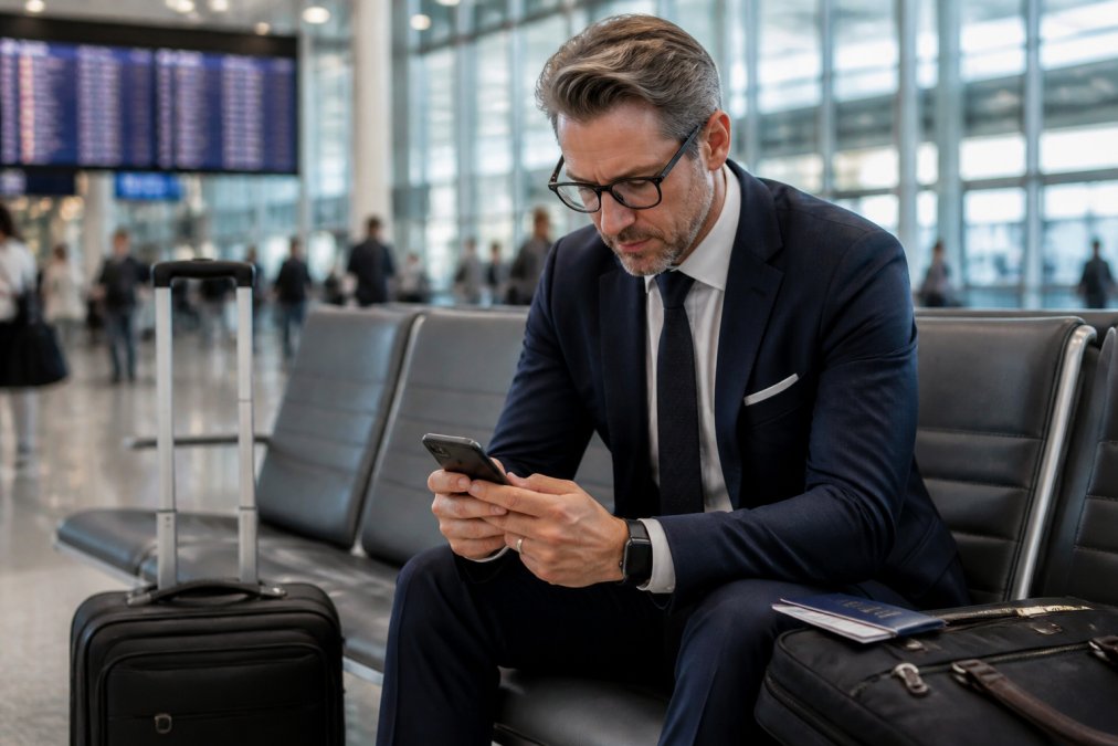 Voyageur d'affaires consultant son téléphone avec confirmation WhatsApp visible, documents de voyage à proximité, environnement aéroportuaire moderne en arrière-plan