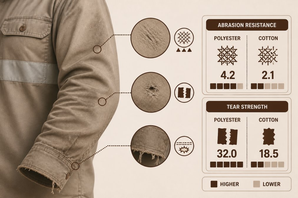 Close-up of a tradesperson's work shirt sleeve showing wear patterns and visible abrasion marks on the cuff and forearm after extended job site use, with frayed fabric edges and stress points visible under natural daylight