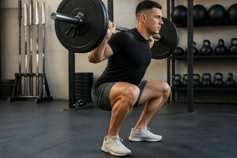 Athlete in high-performance athletic wear demonstrating deep squat position with fabric stretching across thighs and hips, showing elasticity and recovery in nylon-based shorts during intense training session