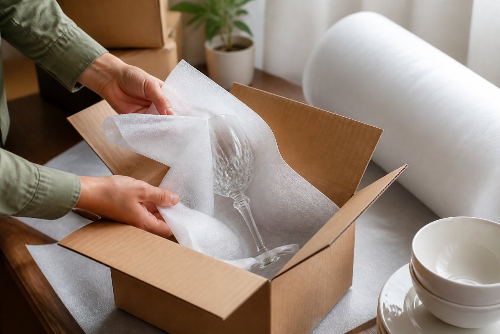 Hands wrapping fragile items with polyethylene foam roll in a cardboard shipping box, showing practical protective packaging application with natural lighting