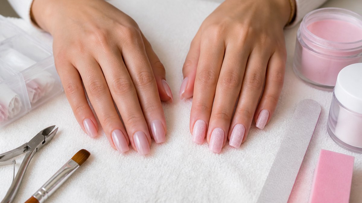 Close-up of a woman's hands with two different nail enhancements side by side, one smooth polygel overlay and one dip powder manicure, resting on a clean white towel with nail tools nearby