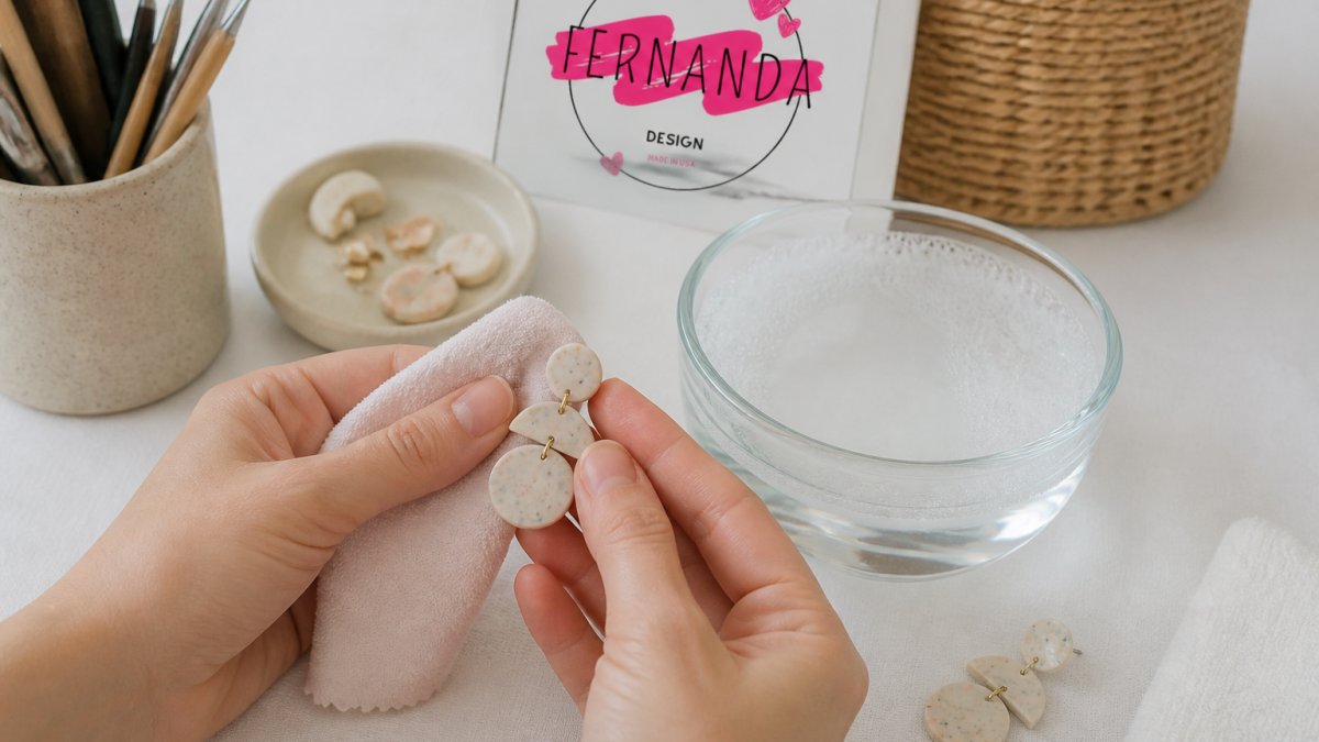 Close-up of hands gently cleaning polymer clay earrings with a soft cloth and mild soap, with a bowl of water nearby