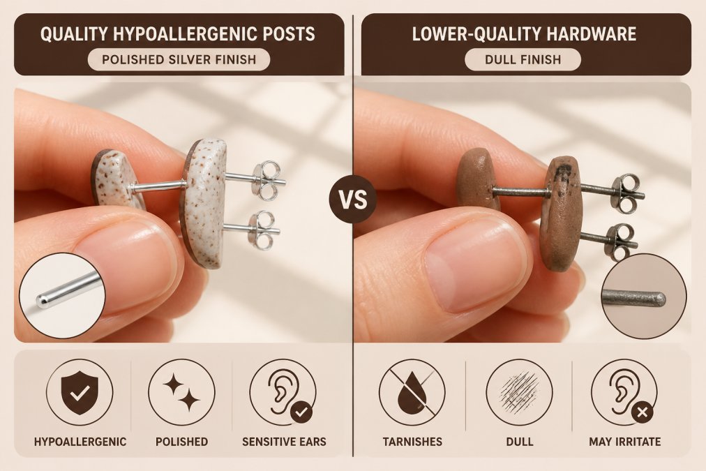 Close-up of hands holding two different earring pairs side by side, showing the contrast between quality hypoallergenic posts with polished silver finishes and lower-quality dull hardware, with natural window lighting highlighting the metal quality