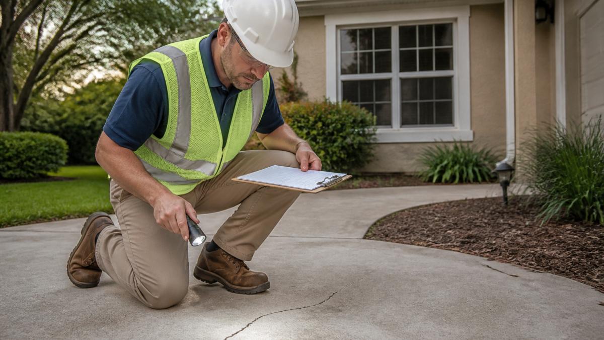A foundation repair technician in a hard hat and safety vest kneeling beside a residential concrete slab, inspecting a crack with a clipboard and flashlight in a suburban yard