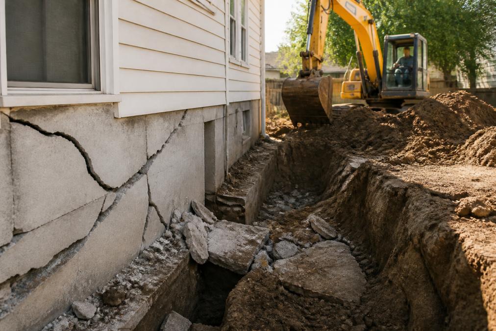A residential home with visible foundation cracks and a large excavation pit next to the structure, showing exposed soil and heavy equipment, emphasizing the destructive nature of traditional underpinning