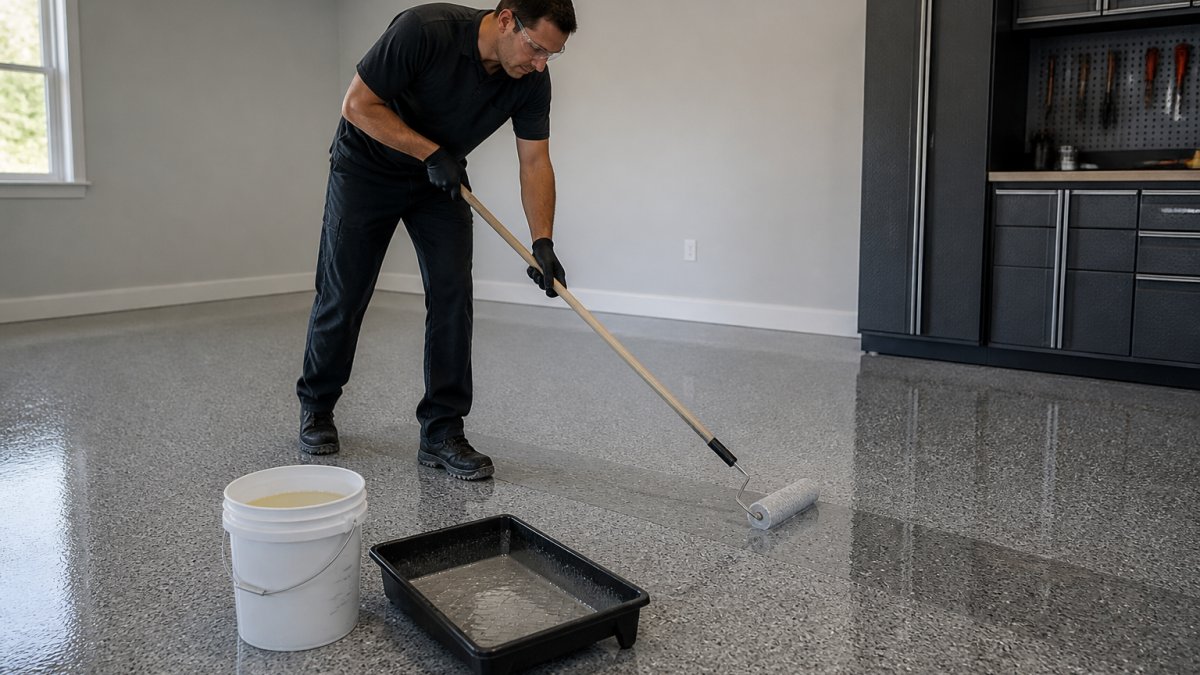 A contractor in safety glasses rolling a clear polyurethane topcoat onto a prepared epoxy garage floor, with a mixing bucket and roller tray visible nearby