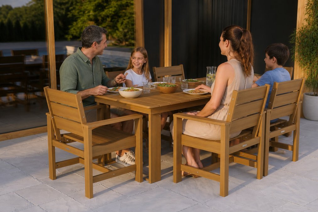 Modern outdoor patio with HDPE dining furniture in teak and black finishes, showing detailed wood-grain texture and rich color saturation, with a family of four seated around the table enjoying a meal together in late afternoon sunlight