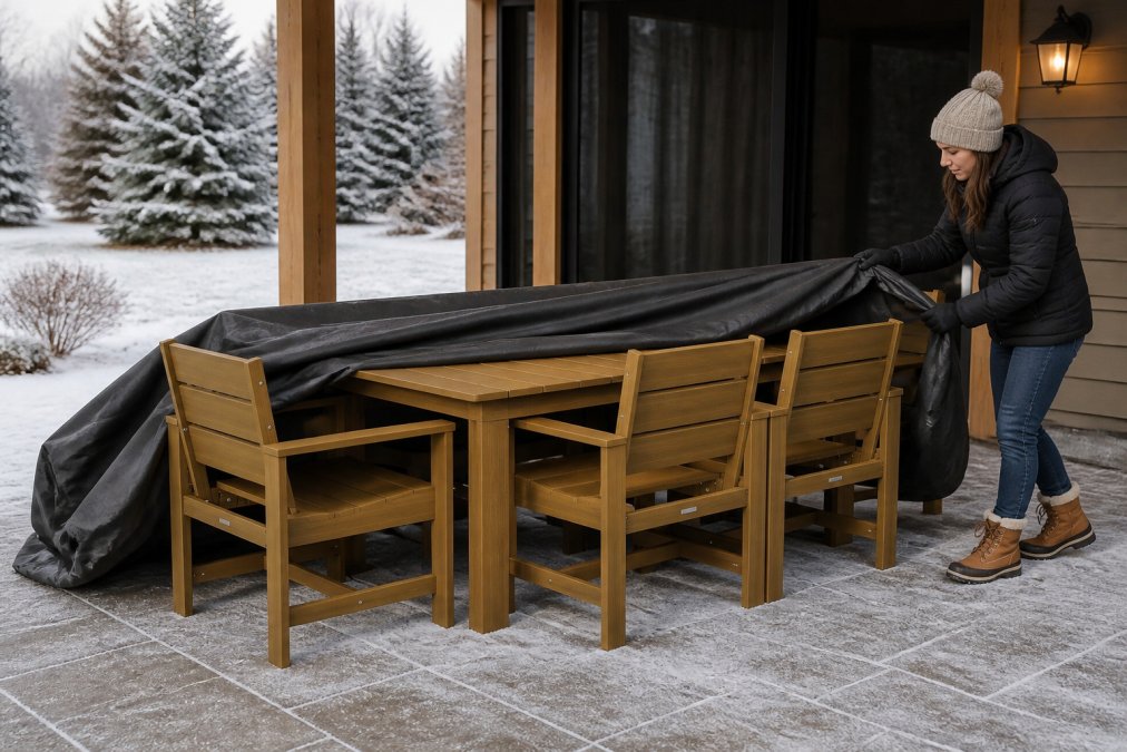 Homeowner carefully applying heavy-duty furniture cover to HDPE patio set in late autumn, with snow-covered evergreen trees visible in the background and frost on the ground, showing proper draping technique