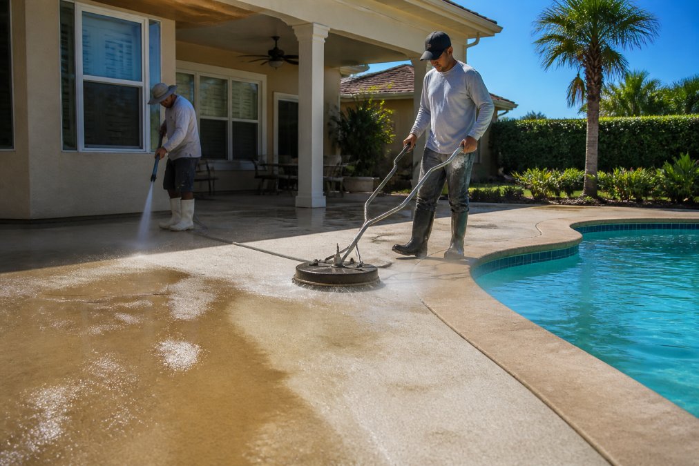 Professional contractor crew performing pressure washing and surface preparation on a residential pool deck in bright Florida sunlight with visible water spray and concrete surface detail