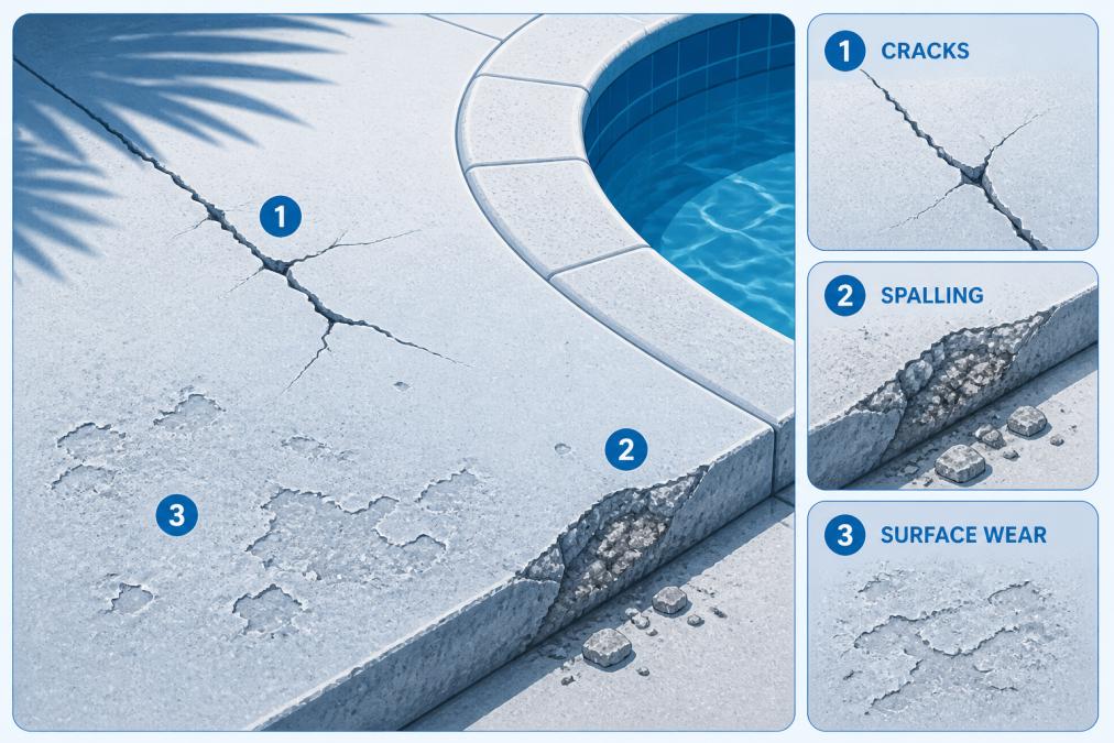 Close-up of concrete pool deck showing visible cracks, spalling edges, and surface deterioration with shadows indicating depth of damage in bright Florida afternoon sunlight