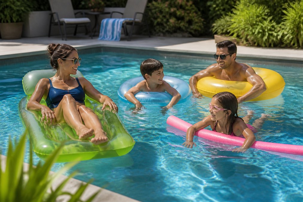 Infographic comparing pool floats for small pools, featuring a family using loungers, tubes, and noodles.