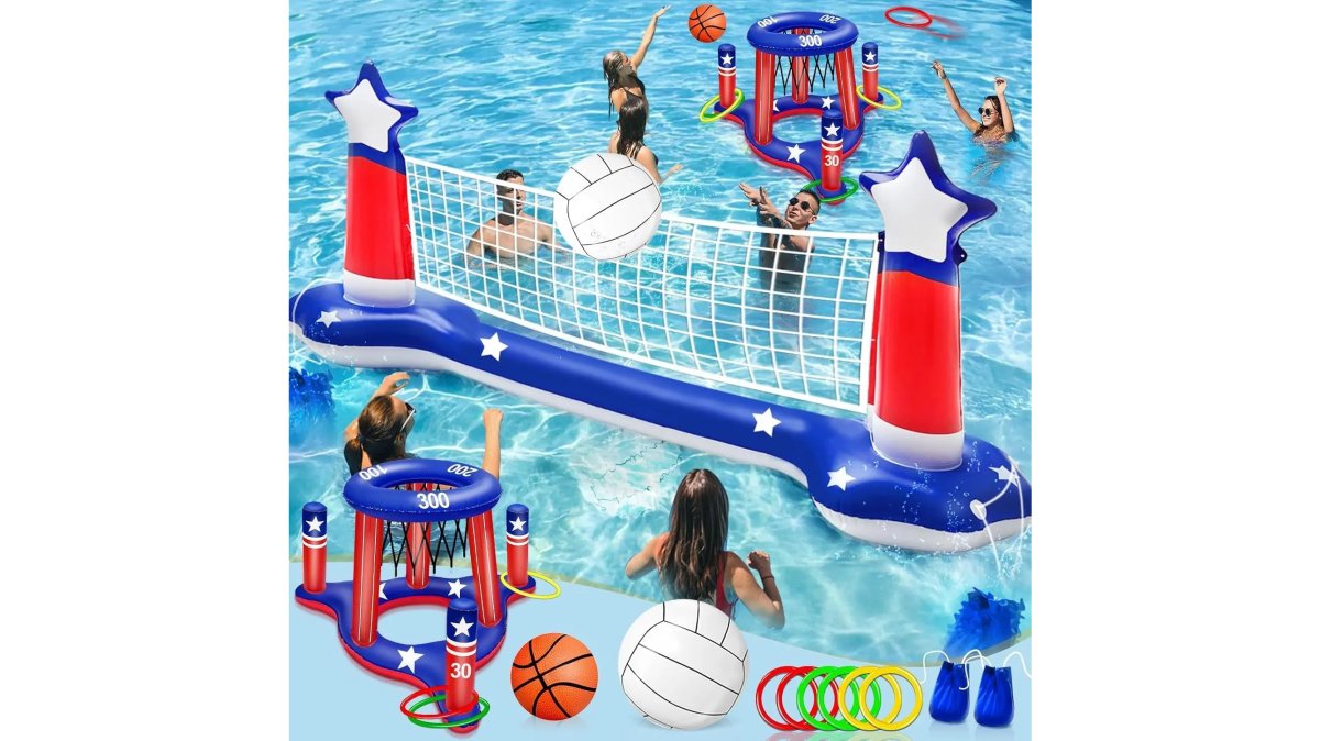 Pool Games Set 3-In-1 Volleyball Net & Basketball Hoop & Ring Toss