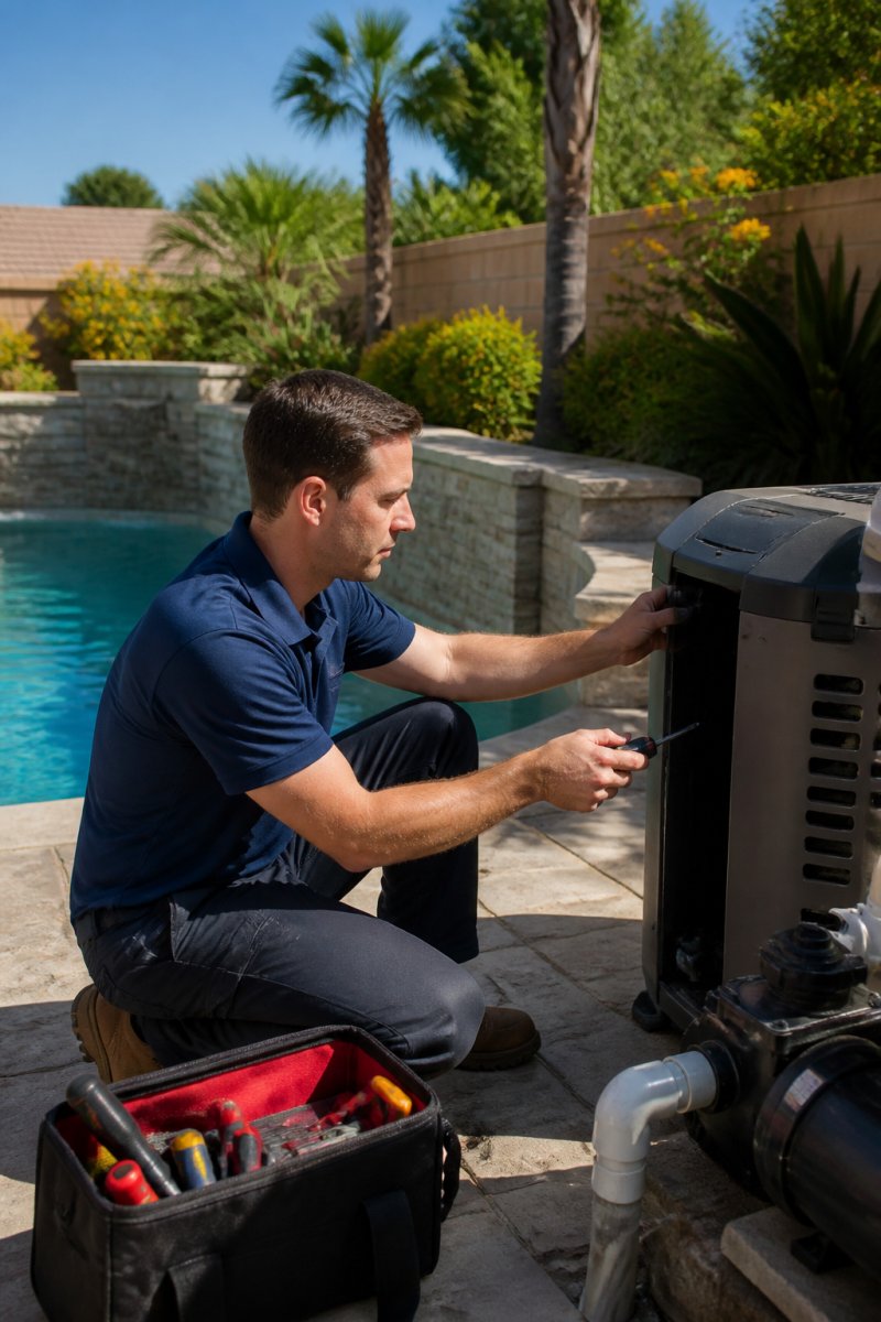A professional pool technician in a collared work shirt inspecting a gas pool heater unit beside a sparkling inground pool, tools and a digital thermostat visible in the foreground, bright afternoon sunlight