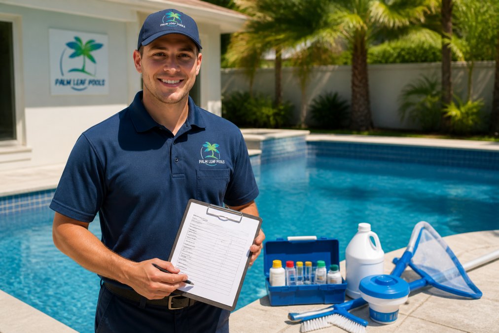 Pool technician reviewing a service report to improve pool maintenance communication at a client's backyard pool.