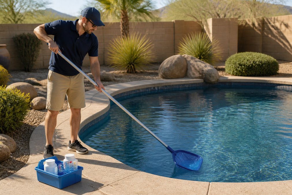 Pool technician performing pool maintenance services in a sunny backyard in Buckeye, Arizona.