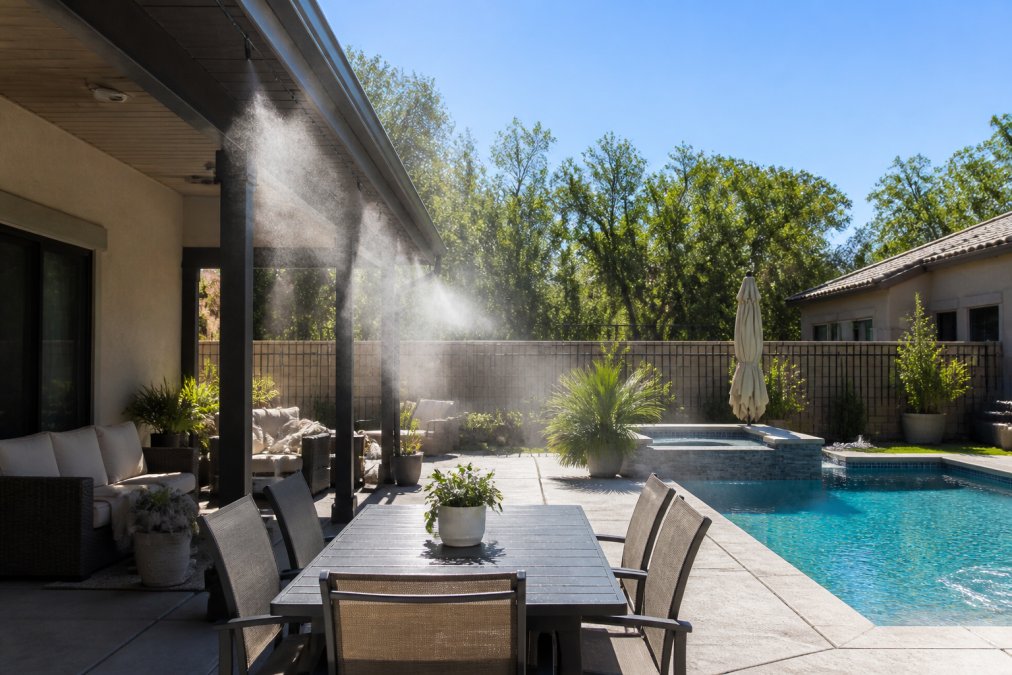 A residential backyard swimming pool with a fine mist visibly cooling the patio area, comfortable outdoor furniture nearby, bright sunny day with clear blue sky