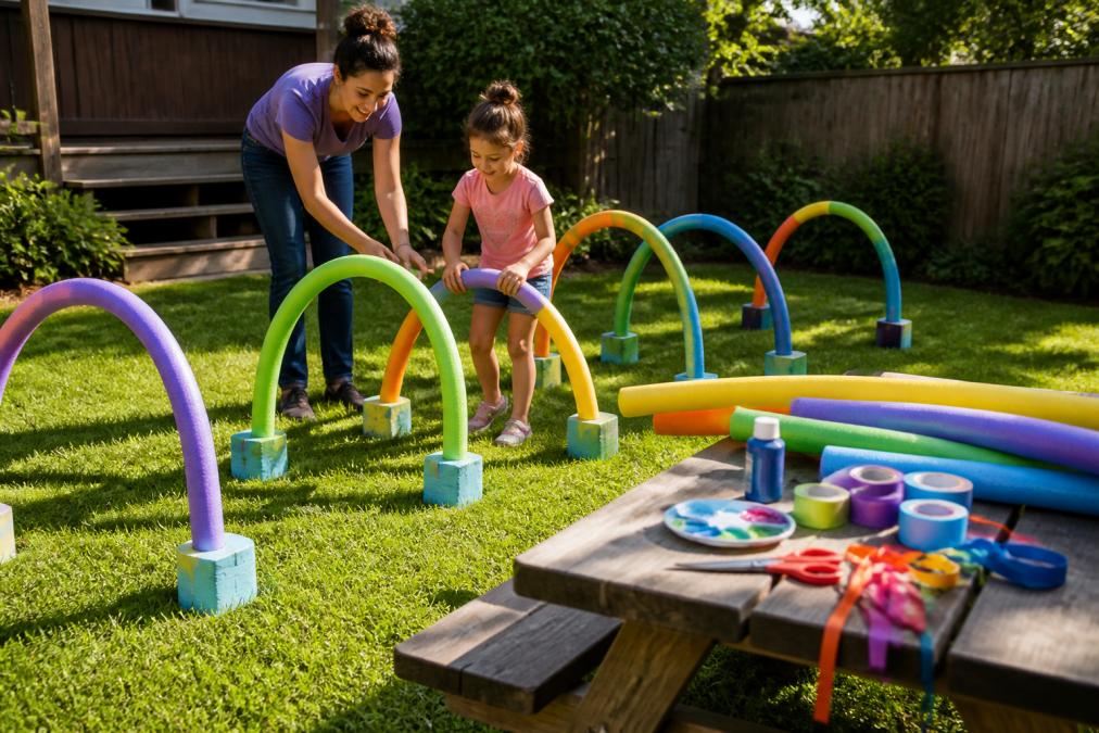 A parent and child using colorful foam pool noodles to create a DIY obstacle course in a sunny backyard, with crafting materials including scissors, paint, and ribbon scattered on a picnic table nearby, warm afternoon light