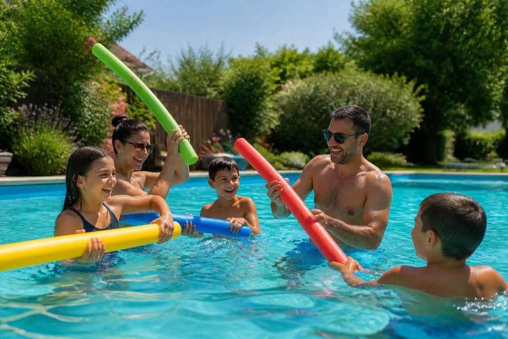 A group of children and adults laughing and playing with bright, vibrant pool noodles in a backyard swimming pool on a sunny summer day, clear blue water, vivid colored foam noodles in red, blue, yellow, and green