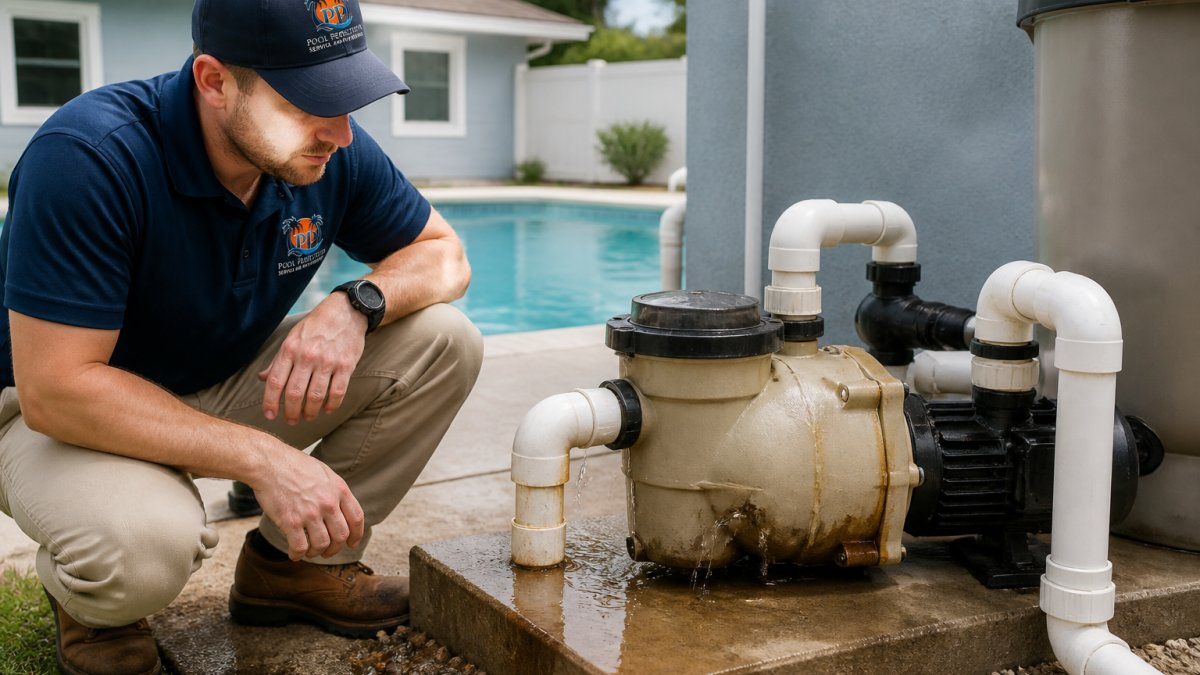 Pool owner inspecting a leaking pool pump seal on a residential equipment pad