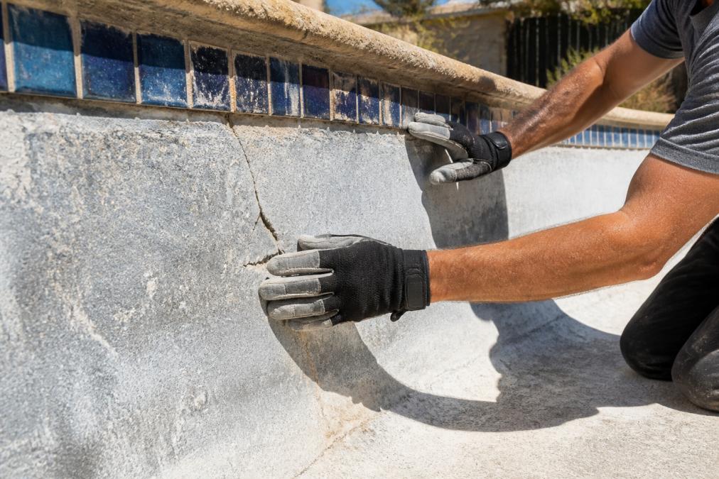 Close-up of an older pool's cracked plaster and worn waterline tile, with a contractor's gloved hands inspecting the surface in bright afternoon sunlight