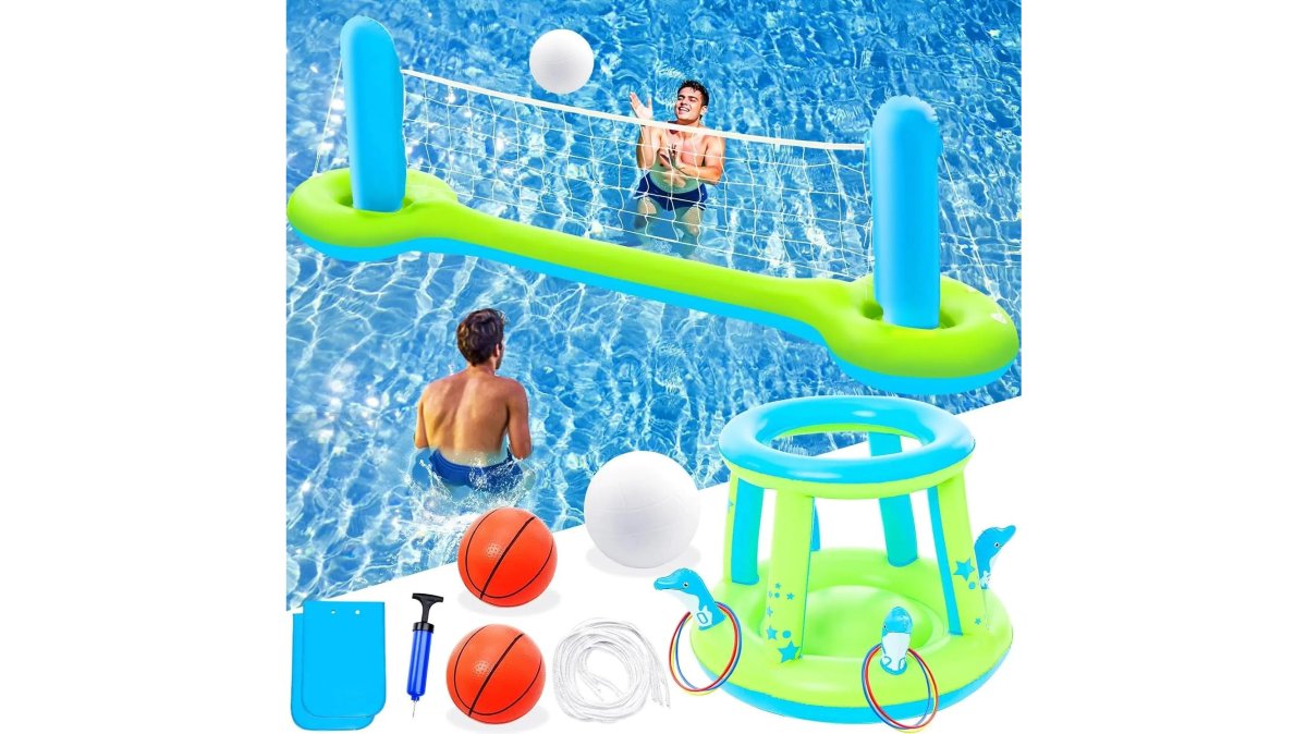 Pool Toys Games Set - 3 in 1 Pool Volleyball Net Basketball Hoop Ring Toss Game Inflatable Floats Water Floating Volleyball Swimming Pools Games Party Gift for Kids Adults (Green&Blue, L)