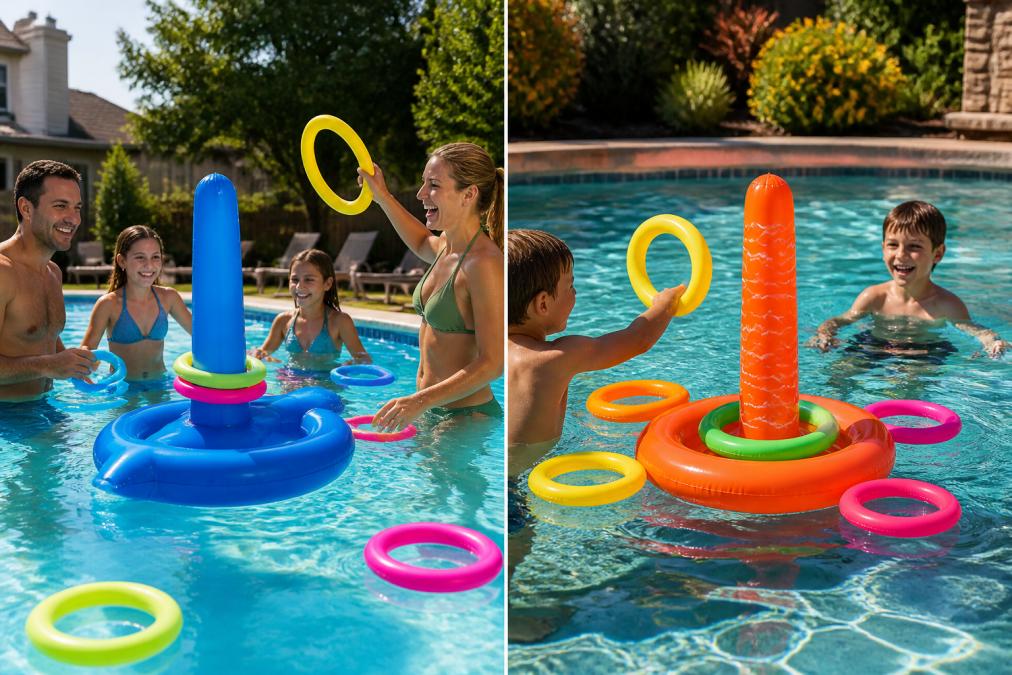 Family laughing and splashing in a sunny pool while using a colorful ring toss game for our pool toys comparison.