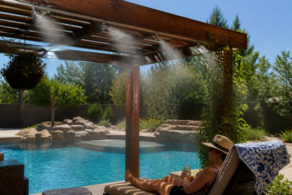 A residential backyard pool with a fine mist of water droplets spraying from nozzles mounted on a wooden pergola, with a homeowner relaxing nearby in the shade on a bright sunny day