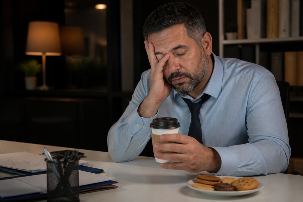 Tired middle-aged professional at desk late at night, holding a coffee cup with visible fatigue, plate of snacks nearby on desk, dim office lighting