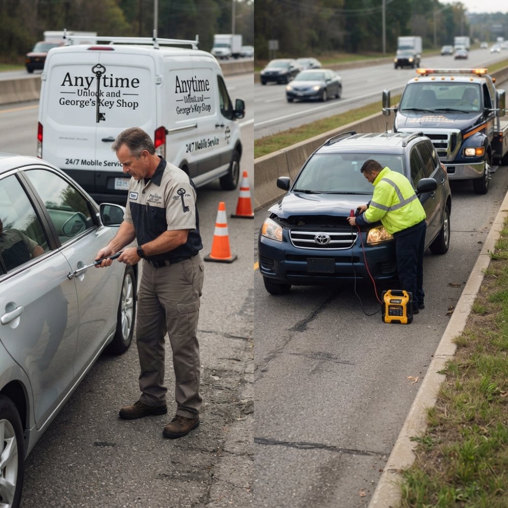 Locksmith using a long-reach tool on a car door as a pop a lock alternative on the roadside