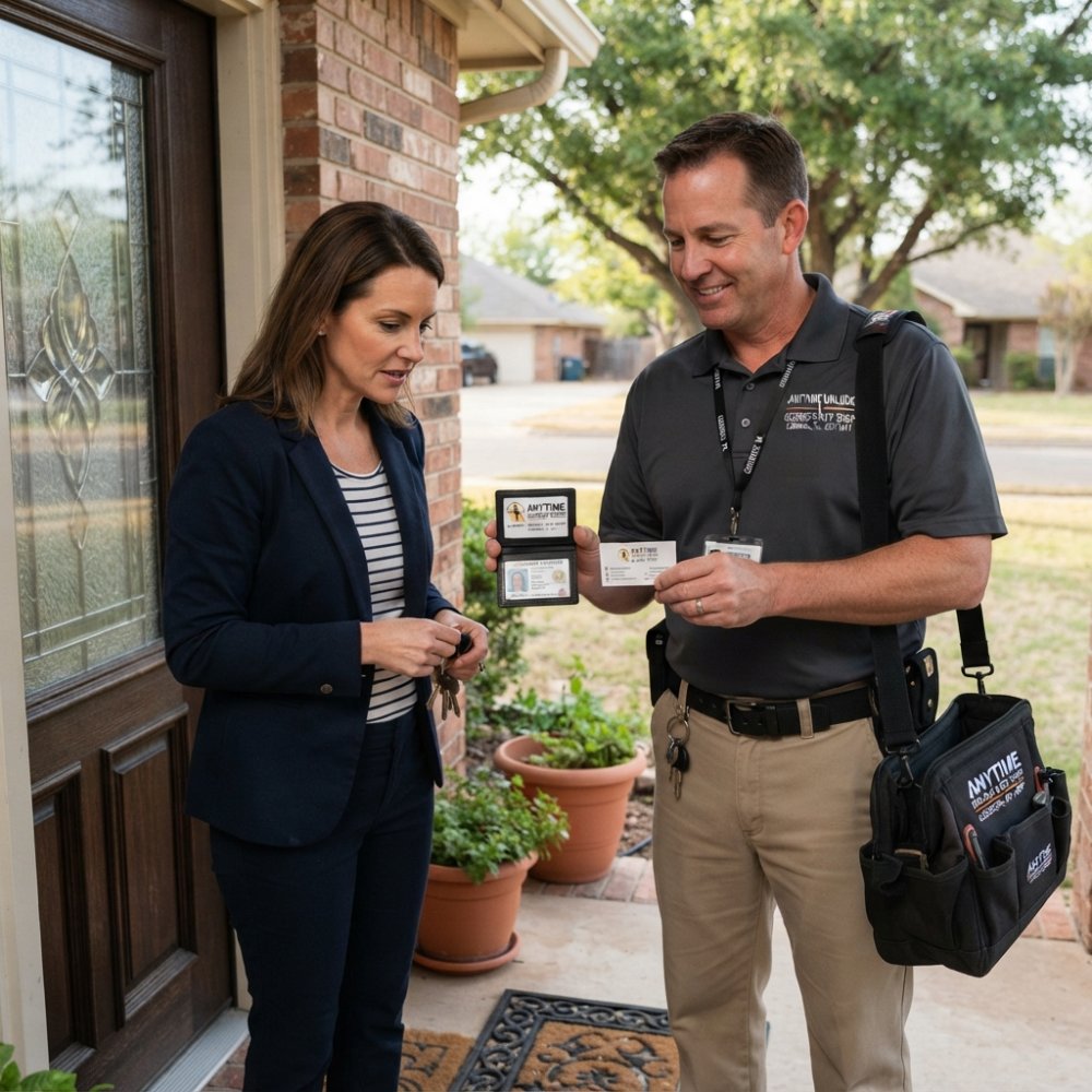 Professional locksmith showing credentials and identification documents to homeowner at residential front door, both in business attire, natural daylight lighting