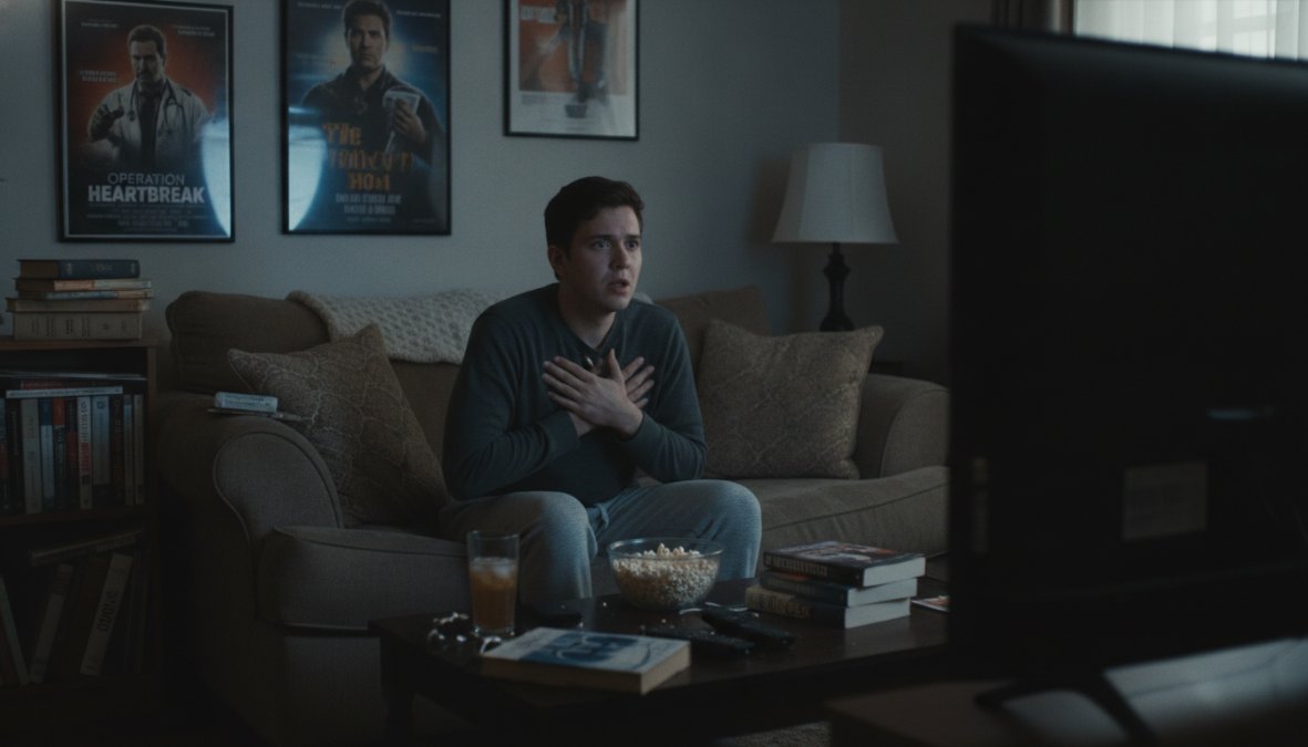 A person sitting on a couch in a dimly lit living room watching a medical drama on a large television screen, expression engaged and absorbed, warm glow from the television illuminating their face
