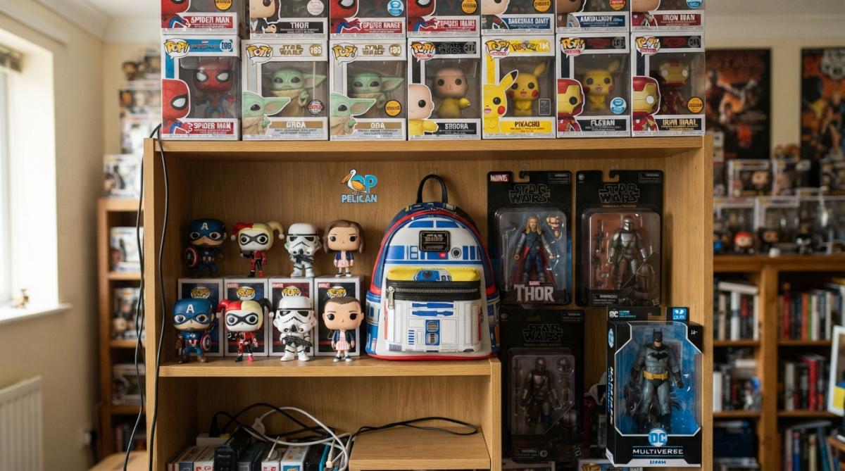 Shelf filled with pop culture merchandise featuring Funko Pop figures and a Loungefly backpack
