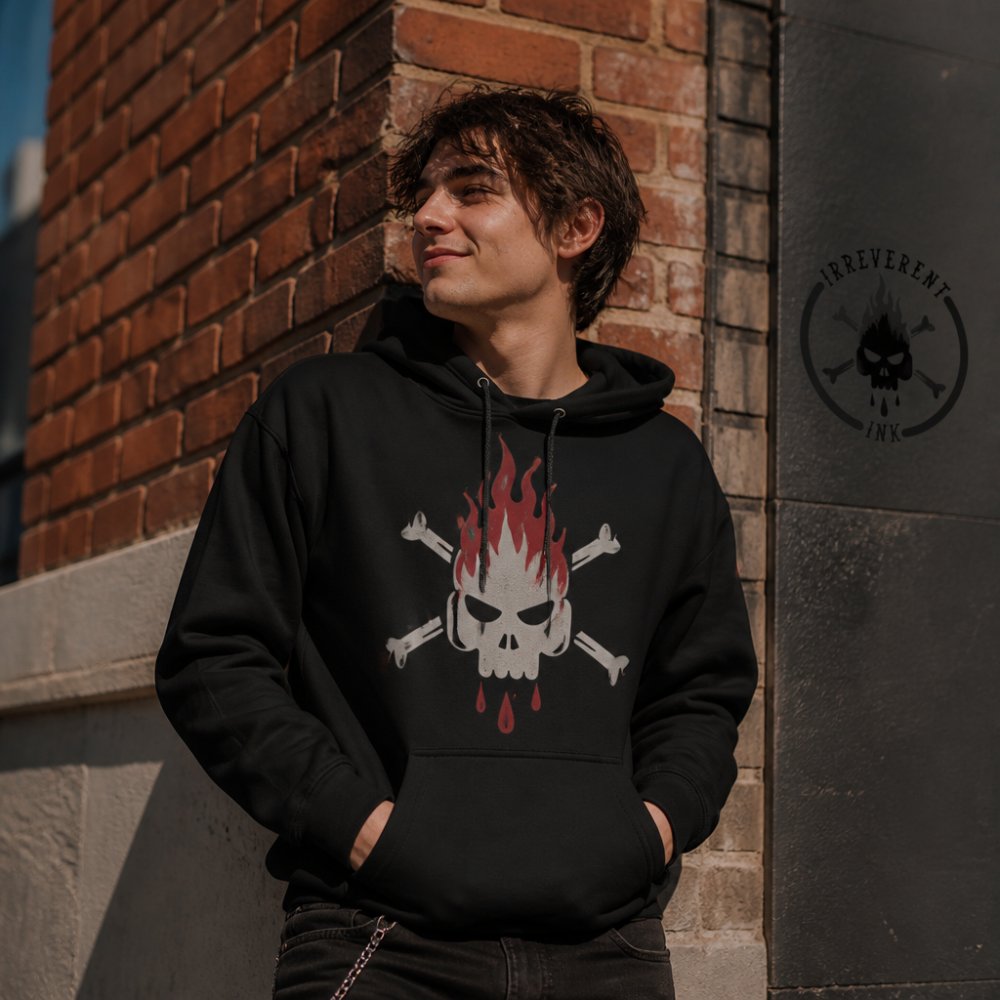 Young adult wearing a bold sarcastic pop culture hoodie in an urban setting, styled confidently with hands in pockets, standing against a brick wall with natural afternoon sunlight