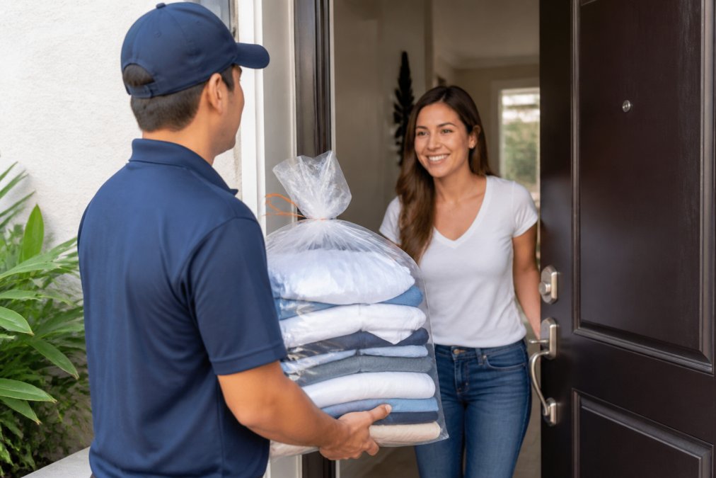 Professional delivery driver holding a bag of freshly cleaned laundry at a residential doorstep in Miami, with the customer opening the front door