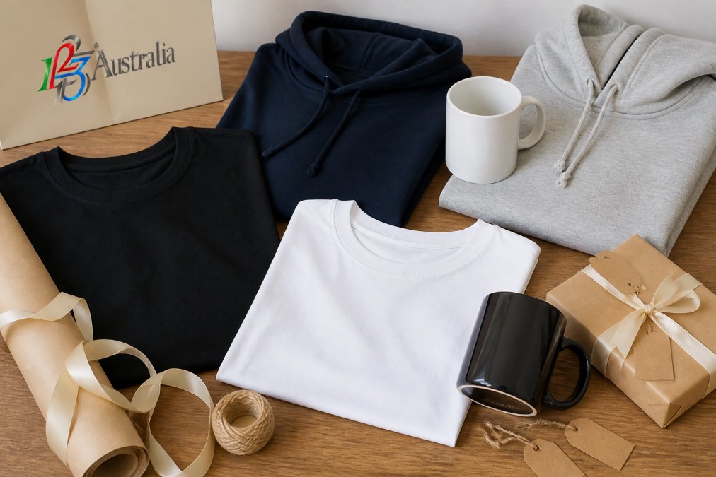 Flat lay of custom-designed t-shirts, hoodies, and mugs arranged on a wooden surface with wrapping paper, ribbon, and gift tags, showing the variety of personalised gift options available