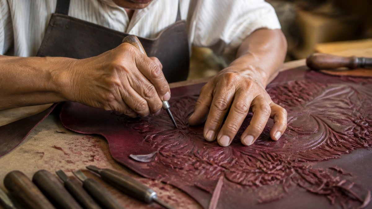 Skilled Mexican artisan hands carefully chiseling intricate floral patterns into rich burgundy leather with traditional hand tools, leather shavings visible on the work surface in natural studio lighting