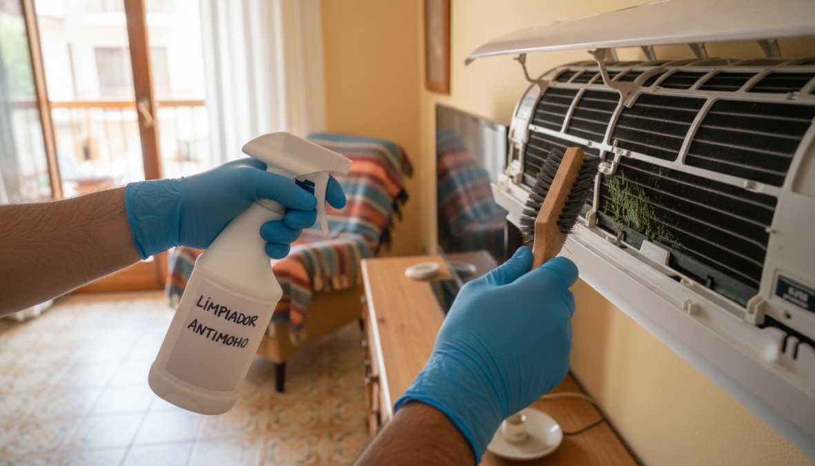 A uniformed HVAC technician crouching in front of an open wall-mounted split unit in a bright Spanish living room, using a spray bottle and soft brush to clean the evaporator coils, protective gloves and mask visible, afternoon light from a nearby window