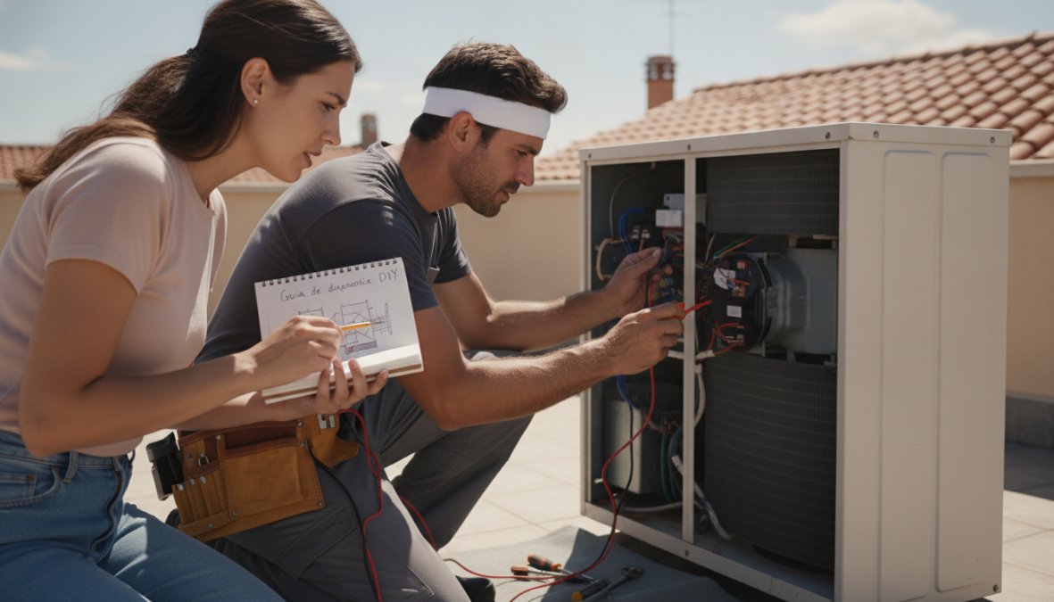 Técnico especializado inspeccionando la unidad exterior de un aire acondicionado, verificando conexiones de cobre y componentes en un día soleado de verano en la Costa del Sol