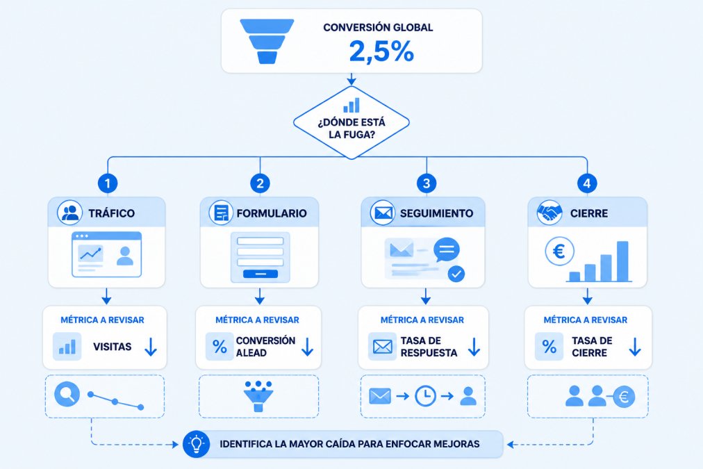 Diagrama de flujo de diagnóstico que parte de la tasa de conversión global y ramifica en cuatro puntos de fuga: tráfico no cualificado, abandono de formulario, ausencia de seguimiento comercial y cierre fallido, con la métrica a revisar en cada rama (tasa de rebote, coste por lead, tiempo de respuesta, tasa de cierre)