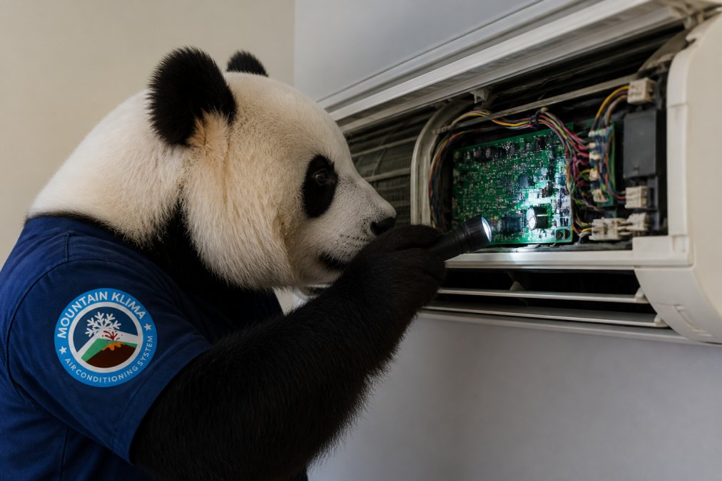 Un oso panda observando atentamente una unidad de aire acondicionado interior con expresión de concentración, como si inspeccionara los componentes