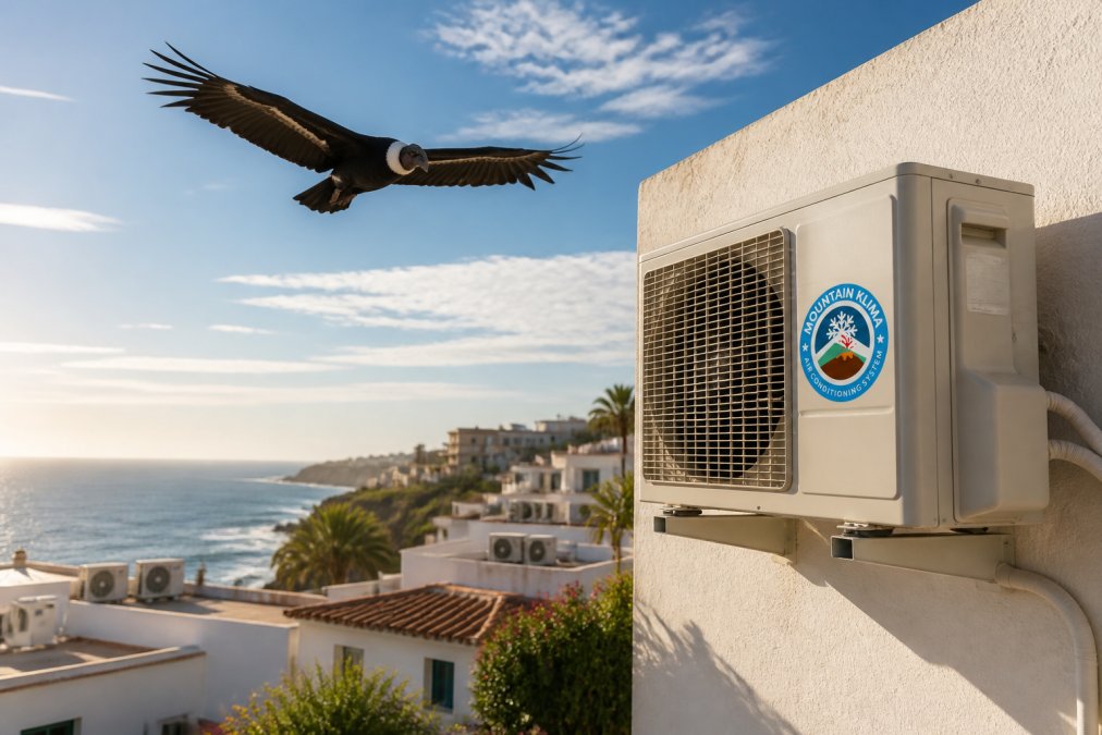 Un cóndor volando sobre una zona costera con sistemas de aire acondicionado en viviendas, simbolizando la vigilancia y protección de los equipos