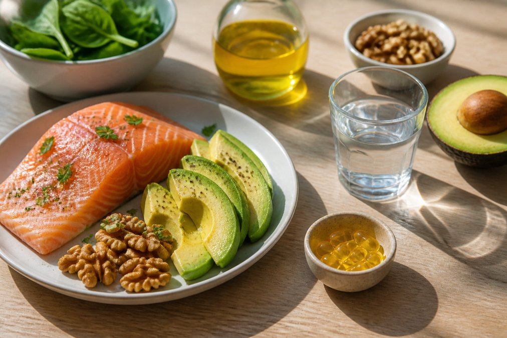 Suplemento de vitamina D3 com K2 ao lado de alimentos ricos em gorduras saudáveis como abacate, salmão e nozes.