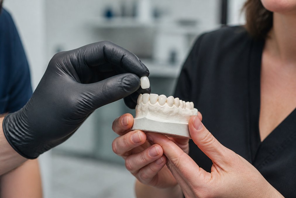 A dentist's gloved hands holding a single translucent porcelain veneer above a dental model in a bright, modern clinic