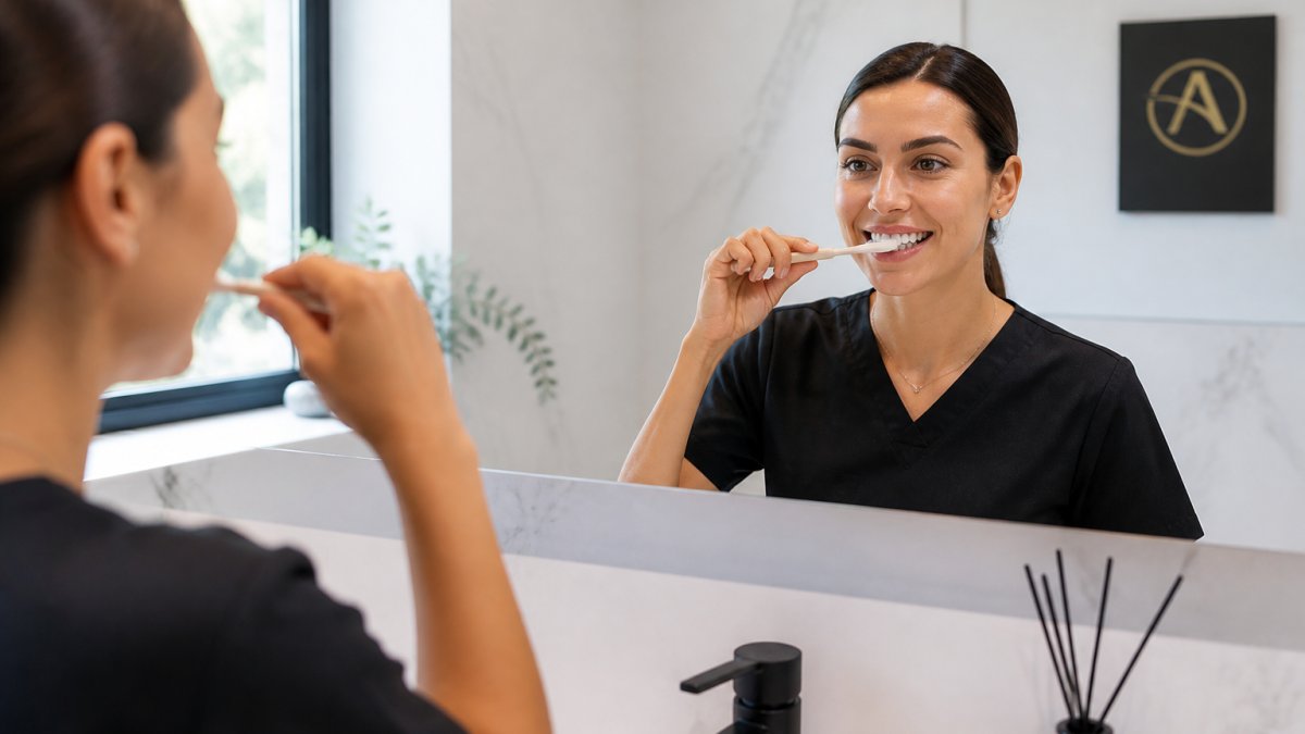 Professional demonstrating proper soft-bristled toothbrush technique on front teeth in front of bathroom mirror with natural morning lighting