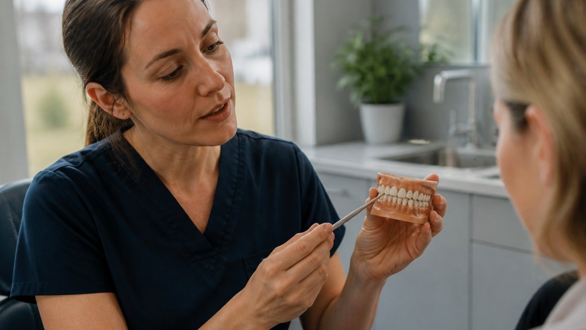 Professional demonstrating porcelain veneers compared to composite bonding technique in modern clinical setting with natural lighting