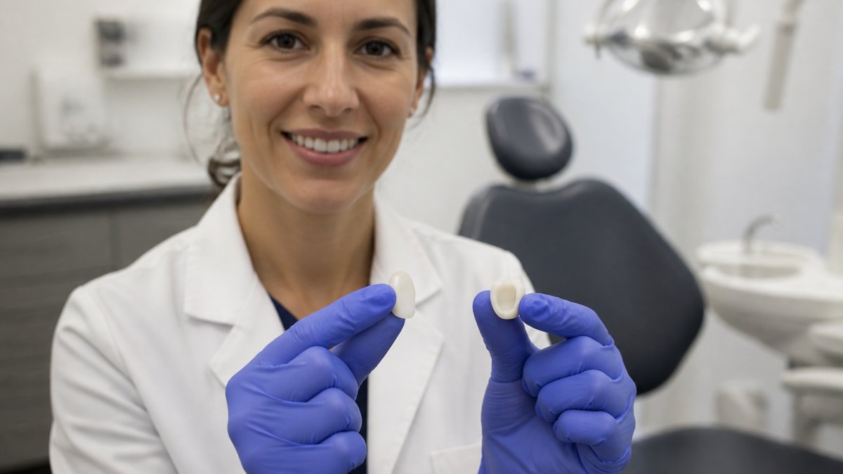 Dentist holding a porcelain veneer and a dental crown side by side in a modern clinic treatment room