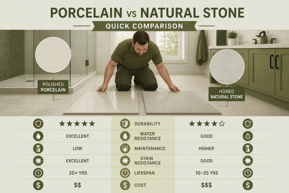Professional tile installer comparing polished porcelain sample and honed natural stone sample side by side on bathroom floor, examining surface texture and finish under natural light